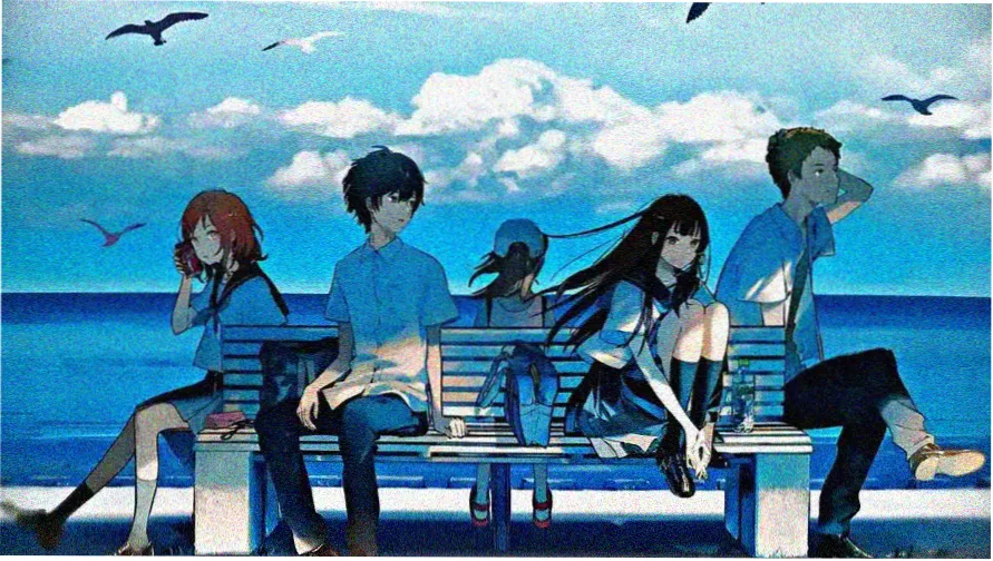 青春动漫剧场版视觉:海边堤坝上的自行车与黄昏
